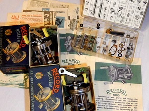 Late 40s' Phase II Record 1700/1800 yellow-handled casting reels + parts-xclnt+ - Picture 1 of 22