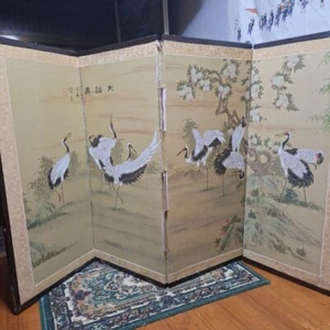Pantalla Plegable Japonesa Por Yukio Par de 2 Paneles Byobu con Grúas Pintura Nihonga - Imagen 1 de 16