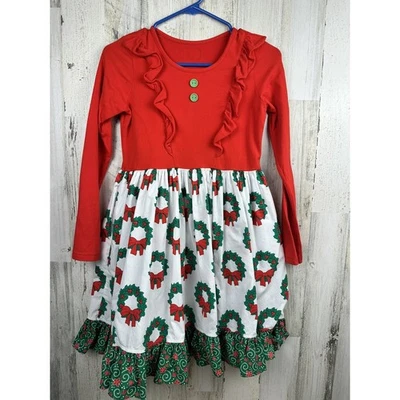 Eleanor Rose Wreath Red Green Christmas Dress 14/16 Girls Ruffle Pockets - Image 1 of 4
