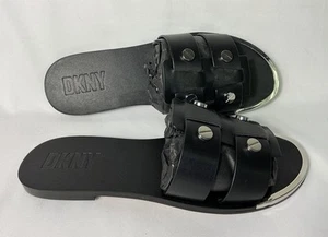 DKNY Women's Glynn Flat Sandal (7) Black Matte Leather Round Toe Slip-On Studded - Picture 1 of 20