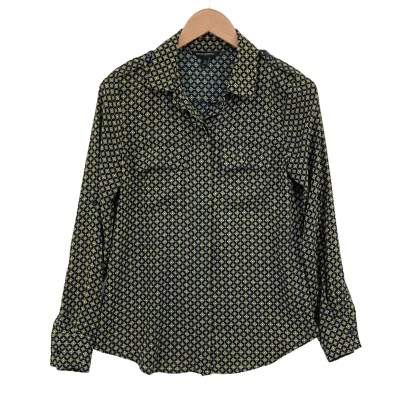 Banana Republic Button Down Shirt Womens XS Black Yellow Geo Print Long Sleeve - Imagem 1 de 4