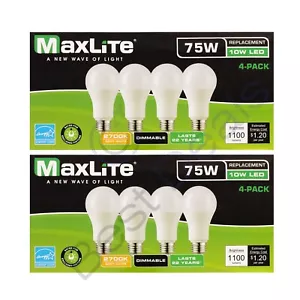 8-Pack Maxlite Dimmable 75W Replacement LED 10W Soft White Light Bulb A19 2700K - Picture 1 of 6