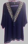 FOREVER 21 Women S Tunic Top Navy Gauze Fabric Embroidery V-Neck Tassels