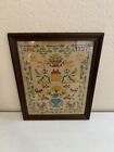 Antique 1927 Signed AMC Framed Needlepoint Sampler w/ House Flowers Animals