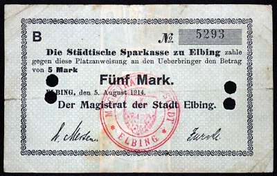 ELBING / ELBLAG 1914 5 Mark Early WWI German Notgeld Poland West Prussia - Image 1 of 2