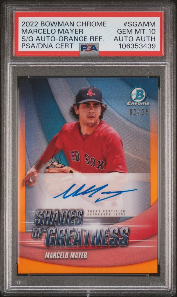 2022 Bowman Chrome Marcelo Mayer Shades of Greatness Orange Auto 2/25 PSA GEM 10 - Image 1 of 2