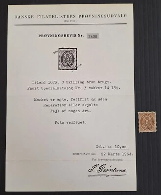 RARO 1873 Islandia 8 Sk marrón sello numérico usado SG3 Cat £1300 con certificado Foto 1 de 3