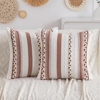 Boho Burnt Orange Striped Pillow Covers Set of 2-20x20 Inch Farmhouse Coastal... - Image 1 of 4