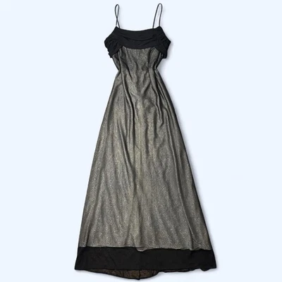 Vestido de graduación negro gótico Y2K 9/10 Blondie Nites Maxi vestido brillante drapeado capucha malla Foto 1 de 4