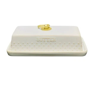 VTG Covered Butter Dish Better Homes Gardens White Ceramic Gold Tone Ring Farm - Picture 1 of 4