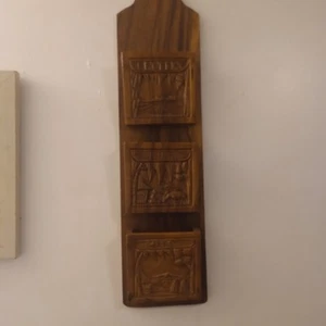 Vintage MCM Wooden Carved Hanging 3 Slot Letter/Mail Holder Brown 22.5"Lx6inW - Picture 1 of 9