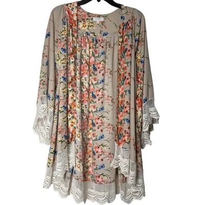 Umgee Women's S M Beige Floral Lace Trim Kimono Cardigan Boho Oversized USA - Image 1 of 4