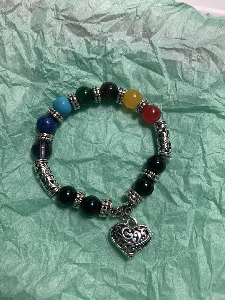 Chakra Stone Meditation Bracelet Filigree Heart Charm Stretch Semi-Precious  - Image 1 of 1