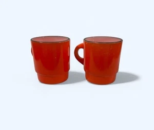 Vintage Anchor Hocking FIRE KING ORANGE Stackable Coffee Cup Mug Black Rim Lot 2 - Picture 1 of 9