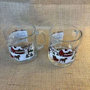 Vtg Libby's Christmas Winter Village Snow Scene Glass Mugs - Set Of 2 - Picture 1 of 8