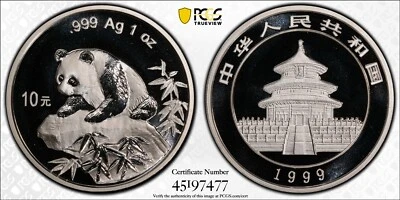 1999 China 10 Yuan Panda Ag Lg Date Serif 1 PAN-323C PCGS MS69 - Image 1 of 4