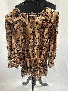 Blusa Top Parker Leopardo Seda Mujer Negra Marrón Mangas Pequeñas Aladas Animal - Imagen 1 de 6