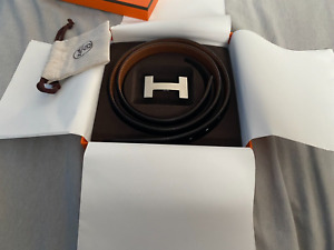 Hermes 32mm Belt Tan Togo and Black Box Leather 95cm Silver Quizz Buckle