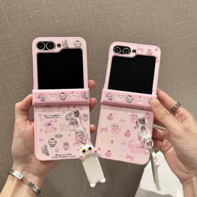 For Samsung Galaxy Z Flip 6 5 4 Flip3 Cartoon Cute Pink Cat Phone Case w/Chain - Image 1 of 4