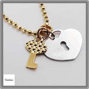 Collana da Donna in Oro 14kt Catena Pallina Diamantata con Ciondolo Cuore Chiave - Foto 1 di 10