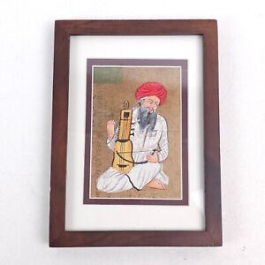 Vintage HAND PAINTED India Art on 1929 Postcard Musician w/Sarangi Framed/Matted