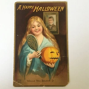 Antique Happy Halloween Postcard Ellen Clapsaddle Pumpkin Girl Garre Unused #100 - Picture 1 of 8
