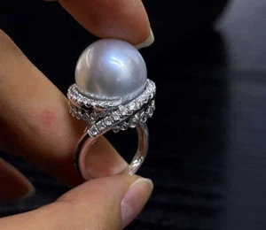 Precioso anillo de oro blanco con diamantes y perlas del Mar del Sur australiano de 15-16 mm impecable - Imagen 1 de 2