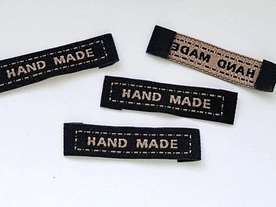 20 Pk TERYLENE WOVEN "HANDMADE" GARMENT LABEL RECTANGLE BLACK / BEIGE PRINT - Image 1 of 3
