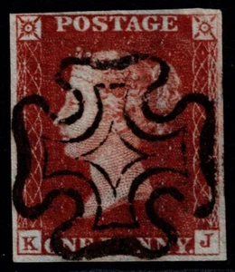 1841 1d Red-Brown Black Pl 11 KJ 4m Superb Upright Maltese Cross VGU Cat. £130 - Picture 1 of 1