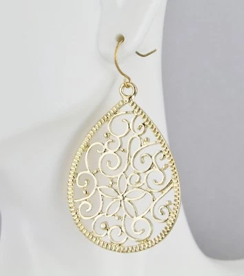 Gold teardrop earrings dangle cut out filigree scroll oval 2.25" long medallion - Image 1 of 4
