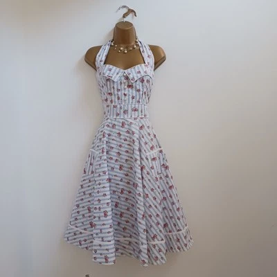 Hell Bunny Vixen Dress Large Worn Once Swing Rockabilly Halterneck Floral Stripe - Image 1 of 4