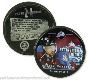 PETER FORSBERG RETIREMENT NIGHT PUCK 10/8 21 COLORADO AVALANCHE  - Picture 1 of 1