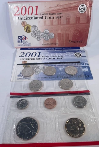2001 D US Mint Uncirculated 10 Coin Set BU Coins with sac dollar and 5 quarters Cover