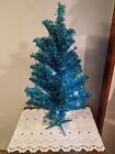 Vintage 2 Foot Tinsel Christmas Tree Blue/Green w/ lights 4 AA Batteries Tested