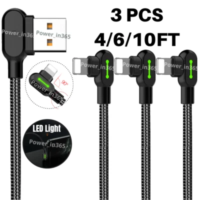 USB Fast Charger Cable Charging Cord 90 Degree LED For iPhone 13 12 11 XS XR 8 X - Image 1 of 4