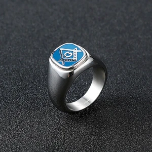 Men's Vintage Blue Enamel Masonic Ring Stainless Steel Freemason Biker Punk Ring - Picture 1 of 6