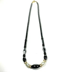 Gunmetal Glass Bead Necklace Simulated Pearl Rhinestone Spacers Faceted Bicone - Picture 1 of 6