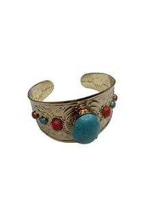 Turquoise Coral Gold Bracelet 7 Gems Beautiful - Picture 1 of 11