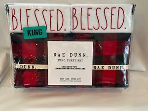 Rae Dunn King Buffalo Plaid Red Sheet Set w Blessed Pillow Cases Christmas