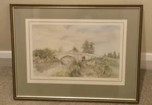 Stampa acquerello limitata paesaggio con ponte, alberi incorniciati - Foto 1 di 11