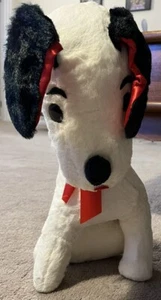 Snoopy Style Vtg 1960s Stuffed Stiff White/Black Long Snout Dog Red Neck Ribbon - Picture 1 of 16