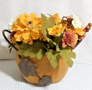 Vtg. Wood Carved Pumpkin Planter with Metal Leaves & Handles, w/ Flowers, Fall - Picture 1 of 6