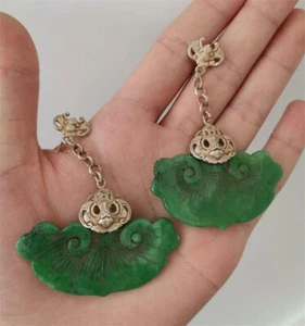 Chinesische antike tibetische Silber Intarsien natürliche Jade Ohrringe Glück Schmuck Geschenke - Bild 1 von 19