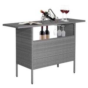 Outdoor Garden Patio Rattan Wicker Bar Height Table With Metal Storage Shelves - Picture 1 of 11