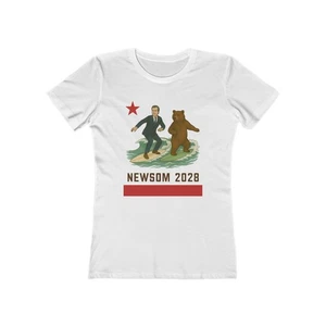 Gavin Newsom 2028 Graphic Boyfriend Tee for Women, California Flag Surfing Bear - Picture 1 of 3