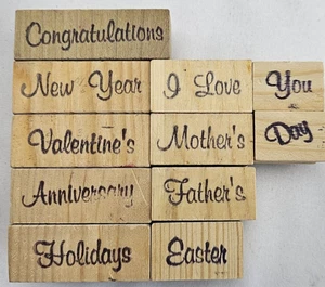 Juego de 11 estampillas de goma montadas en madera - Felicitaciones, Año Nuevo, San Valentín - Imagen 1 de 10