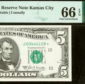 1969A $5 Federal Reserve Note PMG Gem 66EPQ - Kansas City Star - Fr 1970-J* - Picture 1 of 3