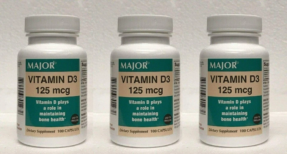 Suplemento dietético Rugby Vitamina D3 125 mcg (5000 UI) 100 cápsulas X *Paquete de 3* Foto 1 de 1