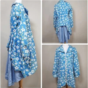 Floral Coat Womens M Gingham Lined High Low Daisies Pleated 50s Retro Handmade - Picture 1 of 18