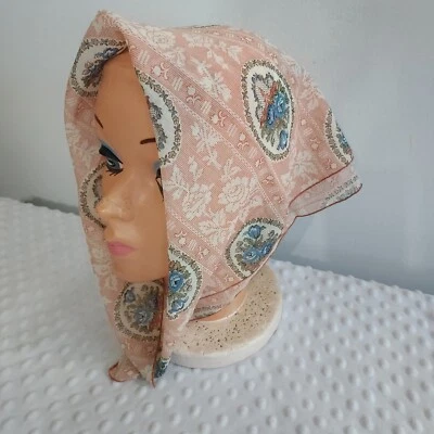 Vintage USA Head Scarf 80s Bohemian Pink White Floral Flowers Bandana Polyester  - Image 1 of 4